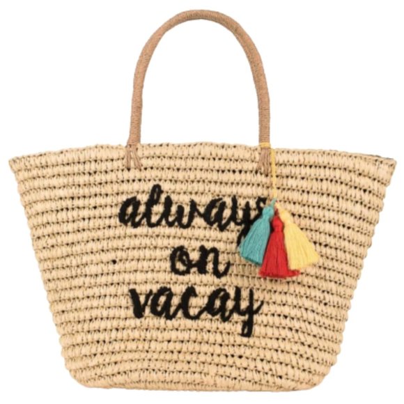 C.C Always On Vacay Graphic Embroided Natural Straw Beach Bag Tote NWT - Picture 1 of 7
